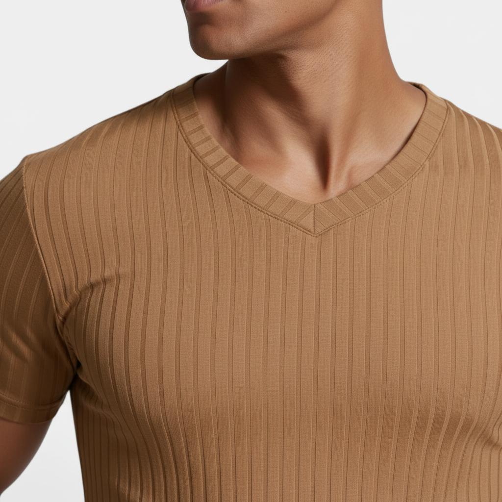 Ribbed V-Neck Knit T-Shirt Short Sleeve for Men