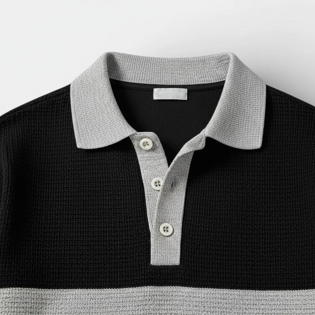 Waffle Knit Color Block Polo Sweatshirt Pants Set for Men