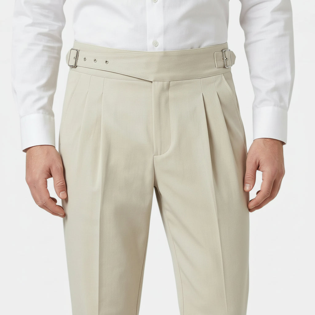 Pleated Front Straight Leg Trousers Side Adjuster for Men