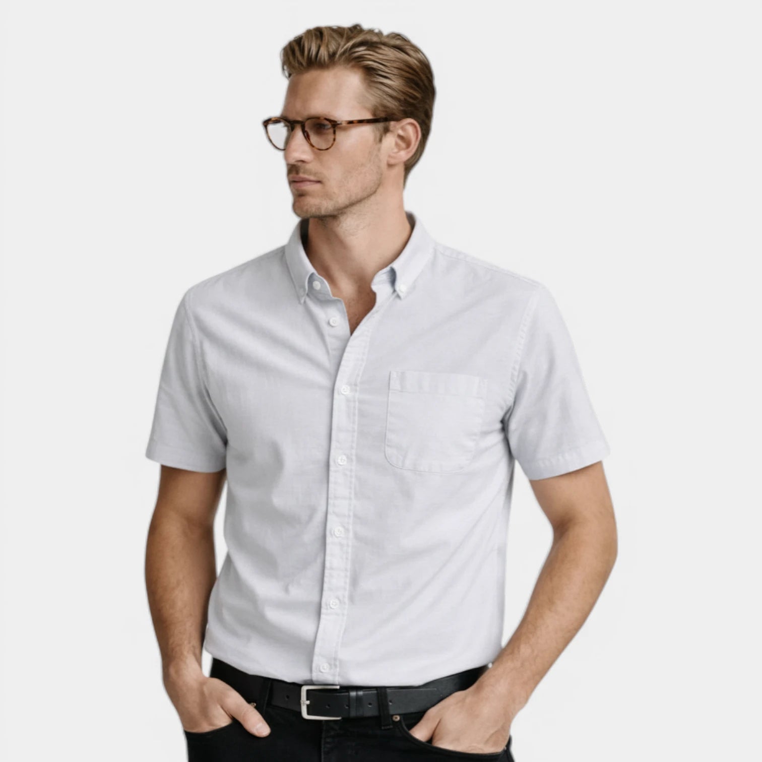 Short Sleeve Button-Up Shirt Chest Pocket for Men