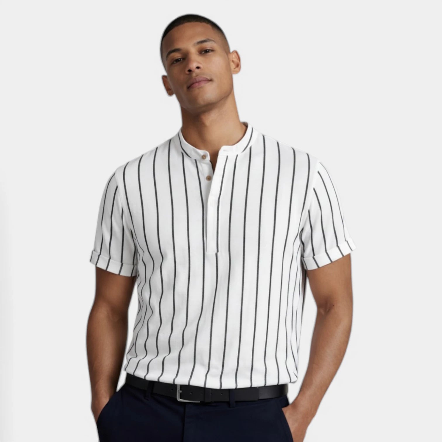 Vintares | Men’s Vertical Stripe Mandarin Collar Shirt