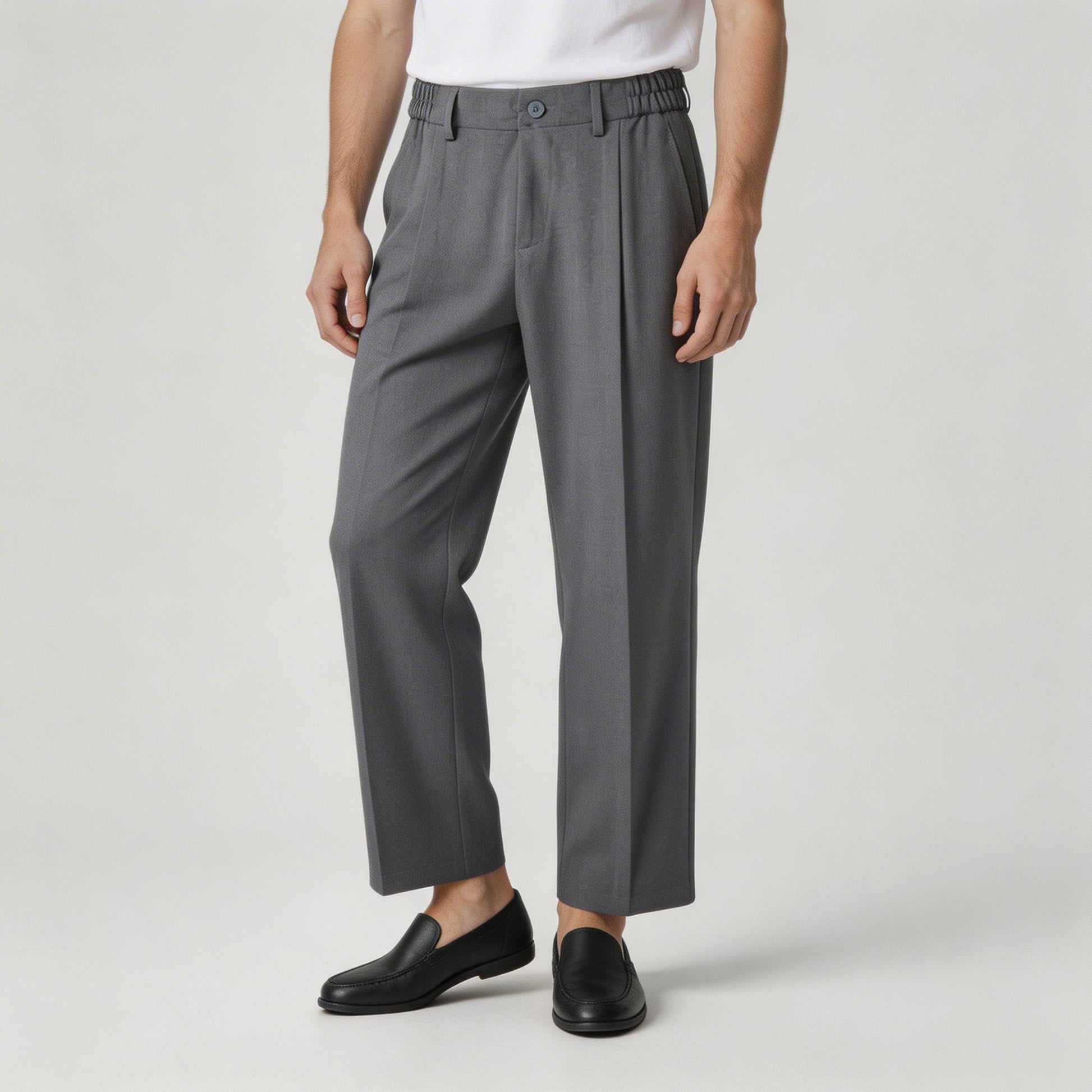 Pleated Front Straight Leg Trousers Elastic Waist for Men