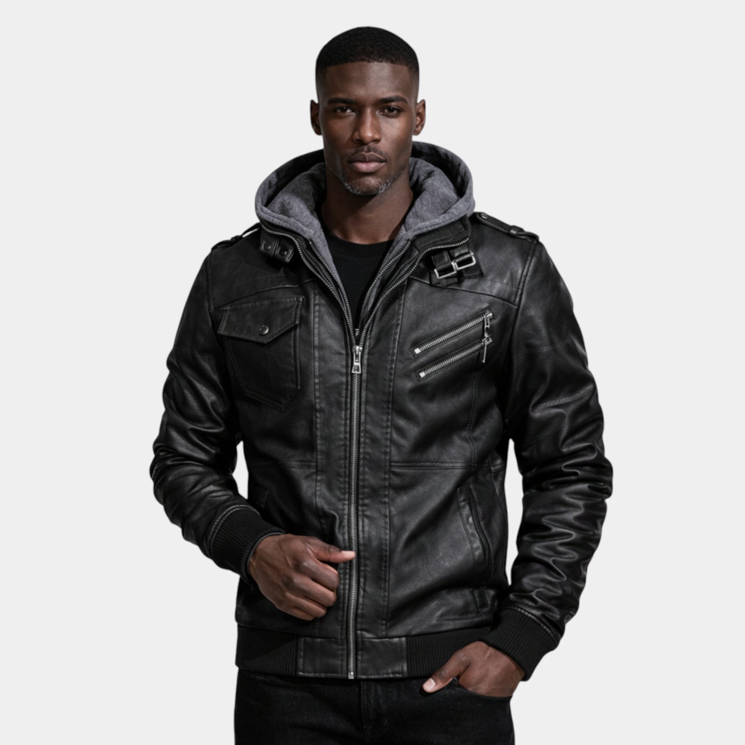 Men’s Hooded Faux Leather Jacket – Structured Zip Front Design