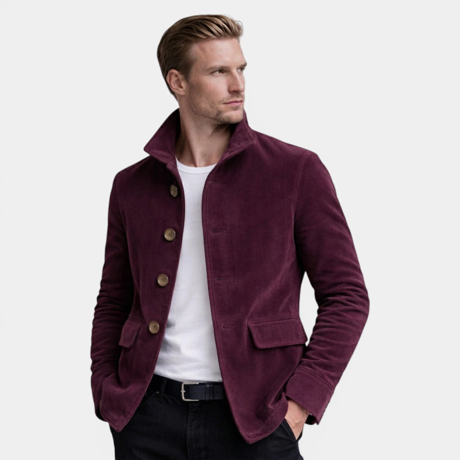 Stand Collar Corduroy Button-Up Jacket Regular Fit for Men