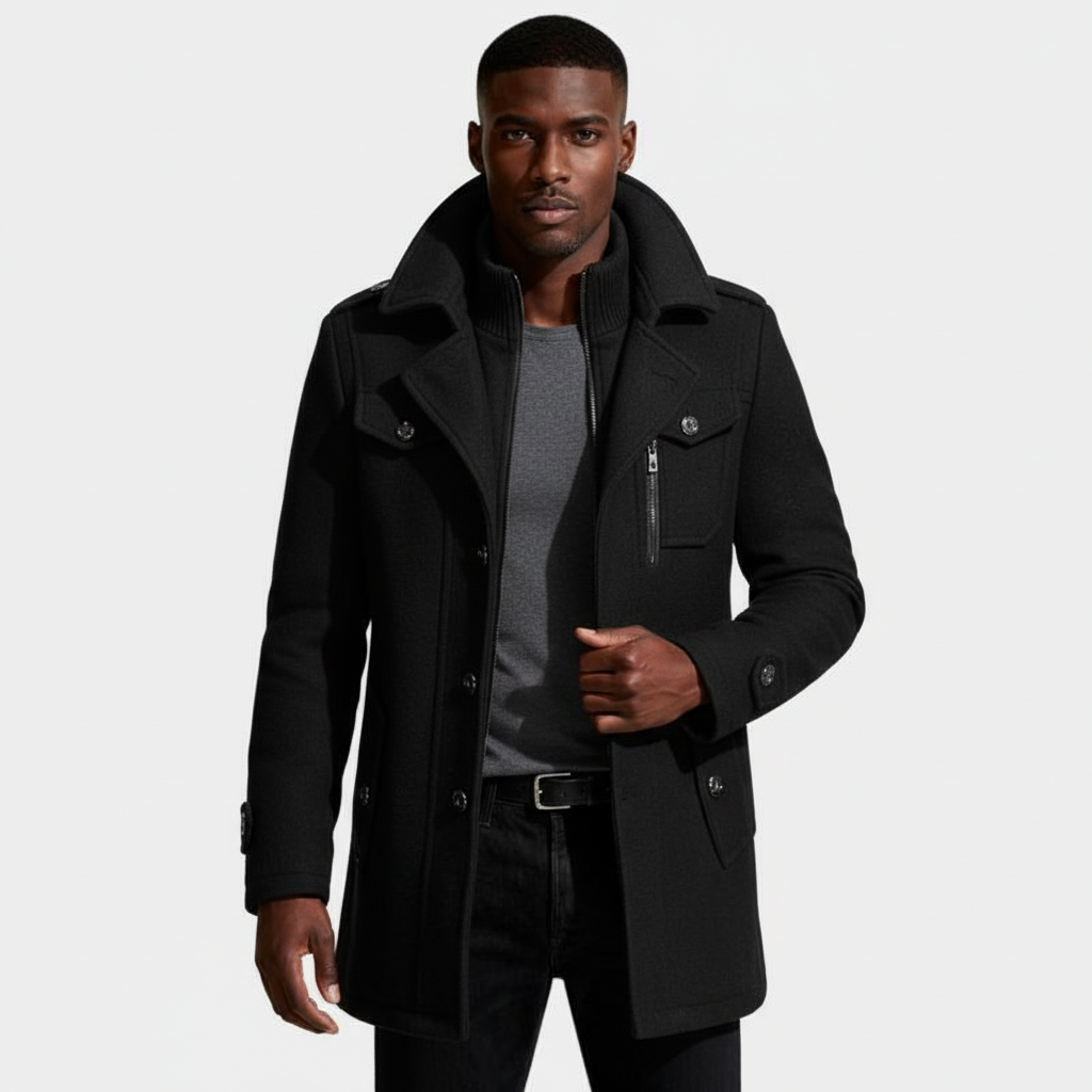 Mid-Length Wool-Style Coat Stand Collar Regular Fit for Men