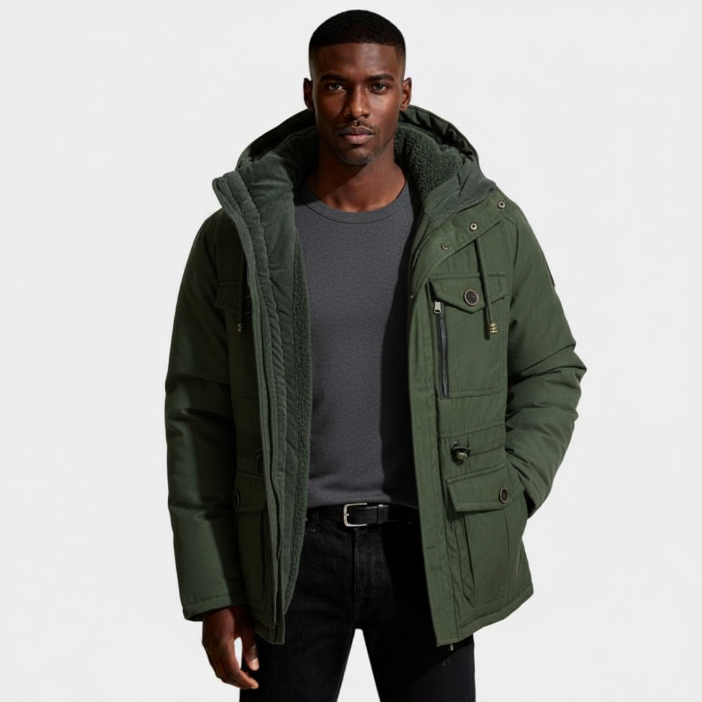 Hooded Utility Jacket Fleece Lined Regular Fit for Men