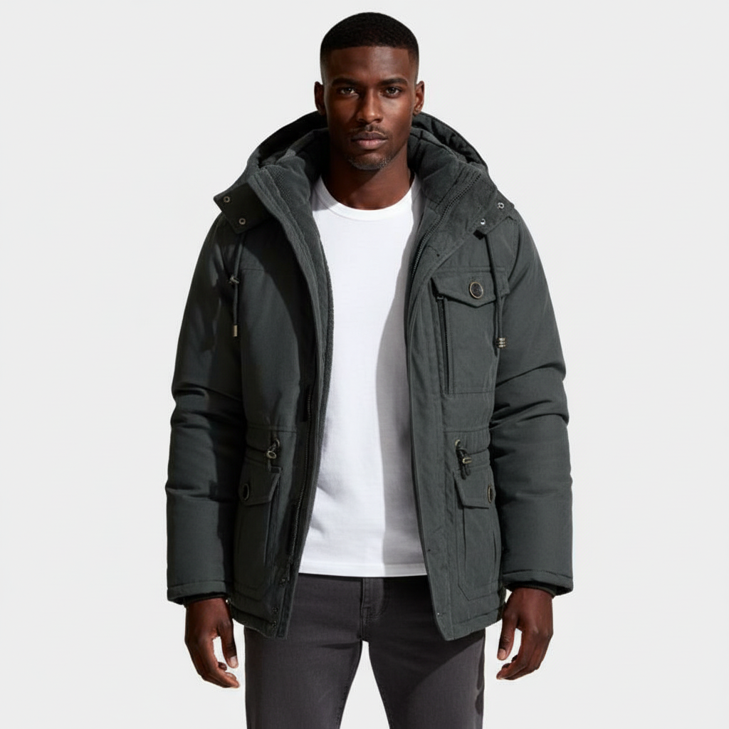 Hooded Utility Jacket Fleece Lined Regular Fit for Men