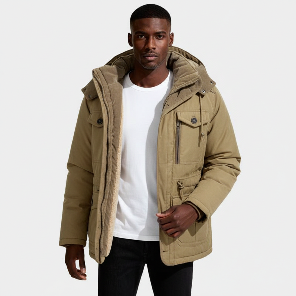Hooded Utility Jacket Fleece Lined Regular Fit for Men