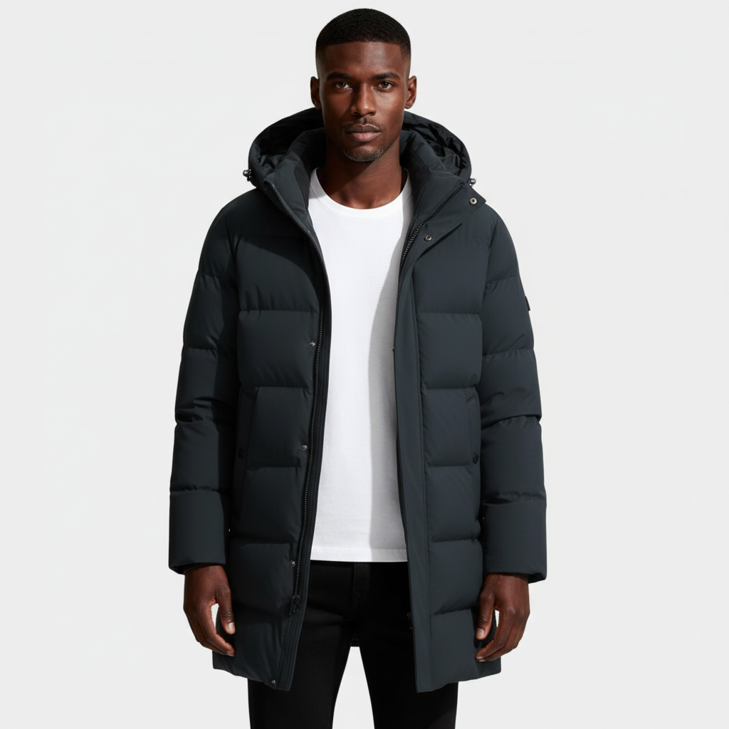 Hooded Long Puffer Coat Structured Fit for Men