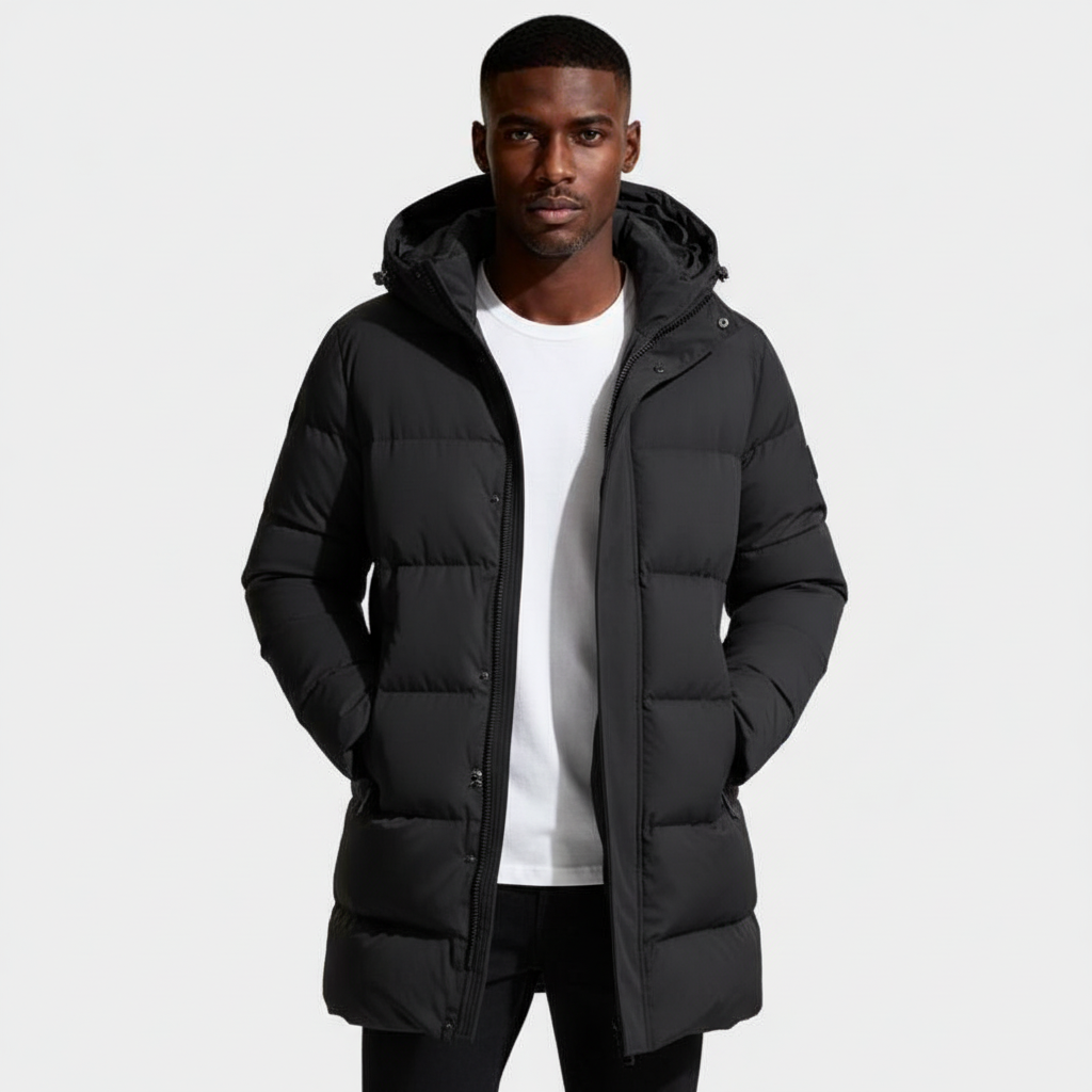 Hooded Long Puffer Coat Structured Fit for Men