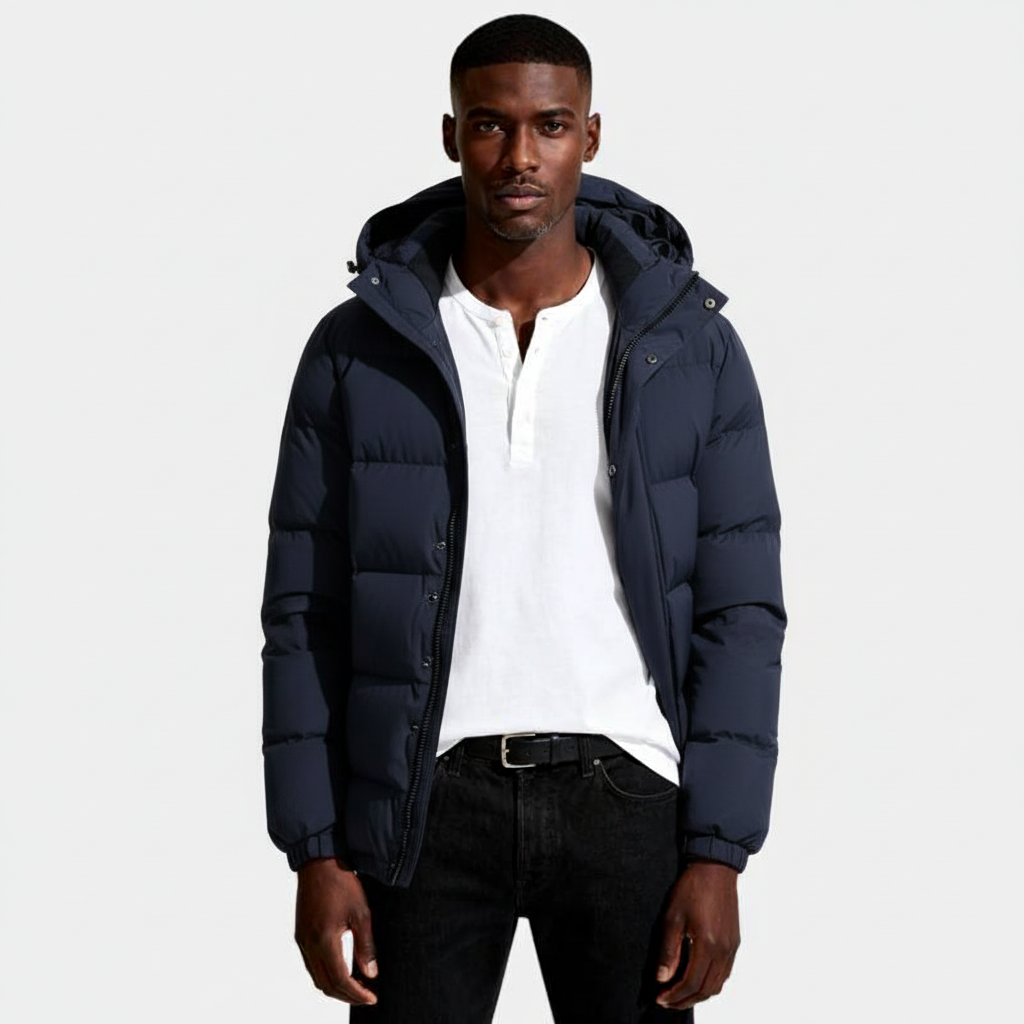 Hooded Long Puffer Coat Structured Fit for Men