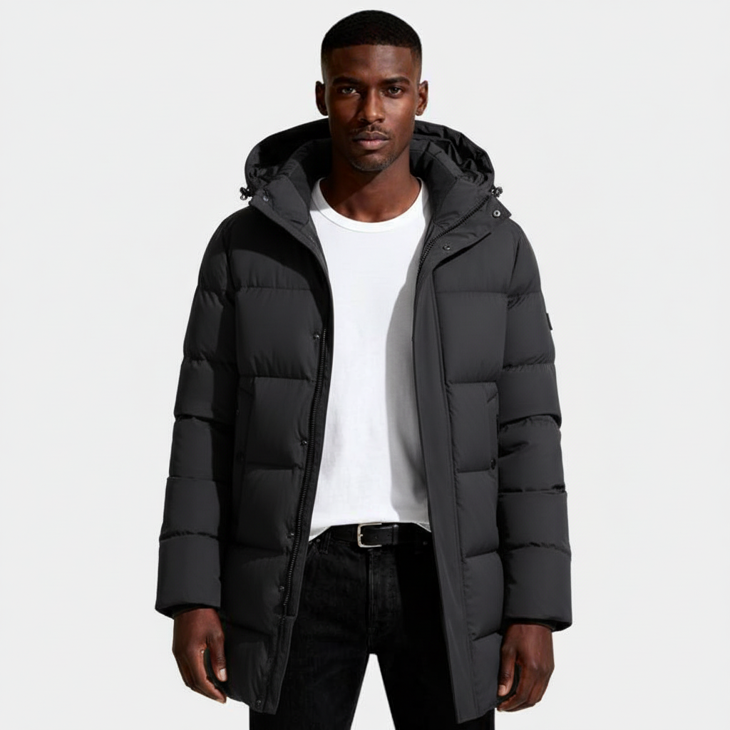 Hooded Long Puffer Coat Structured Fit for Men