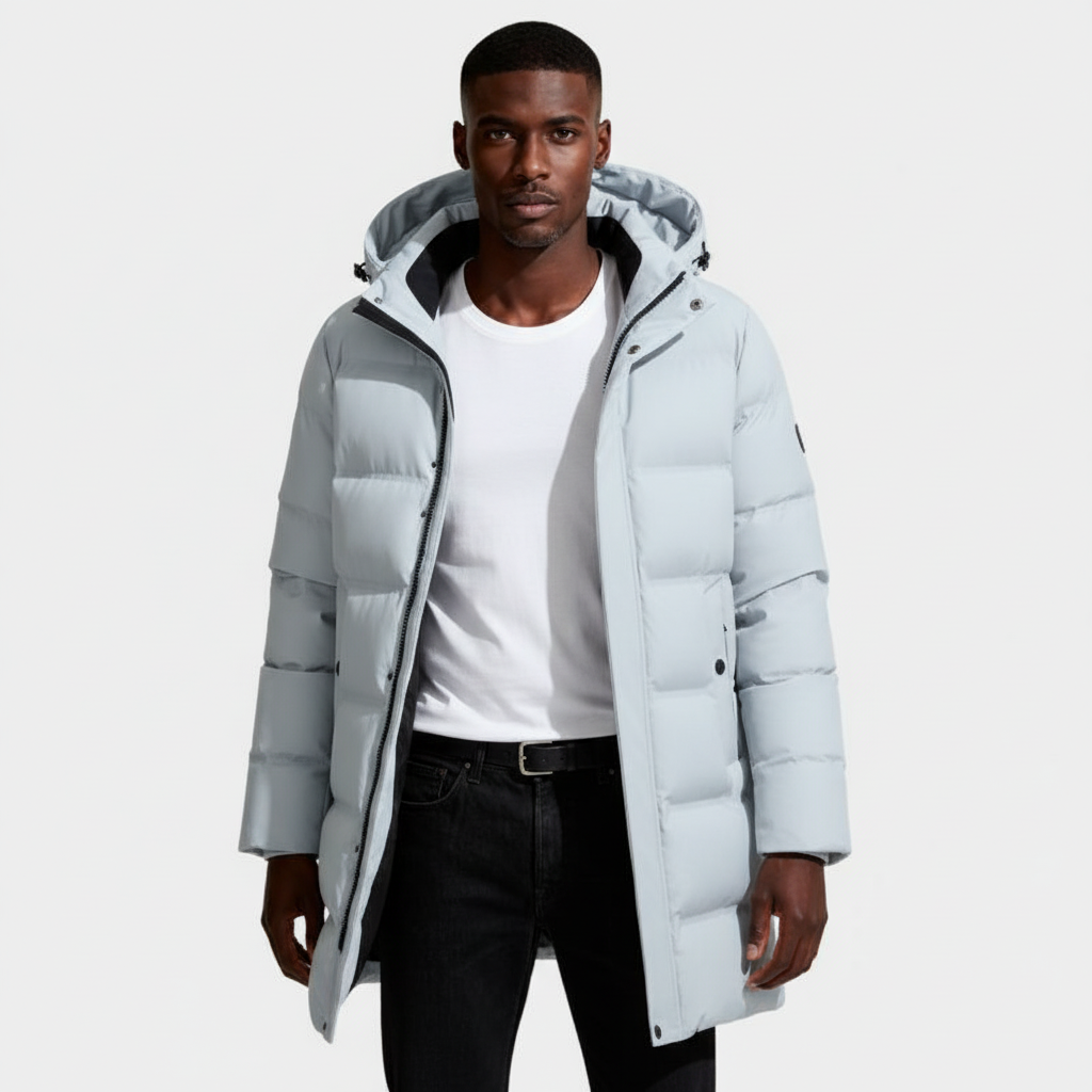 Hooded Long Puffer Coat Structured Fit for Men