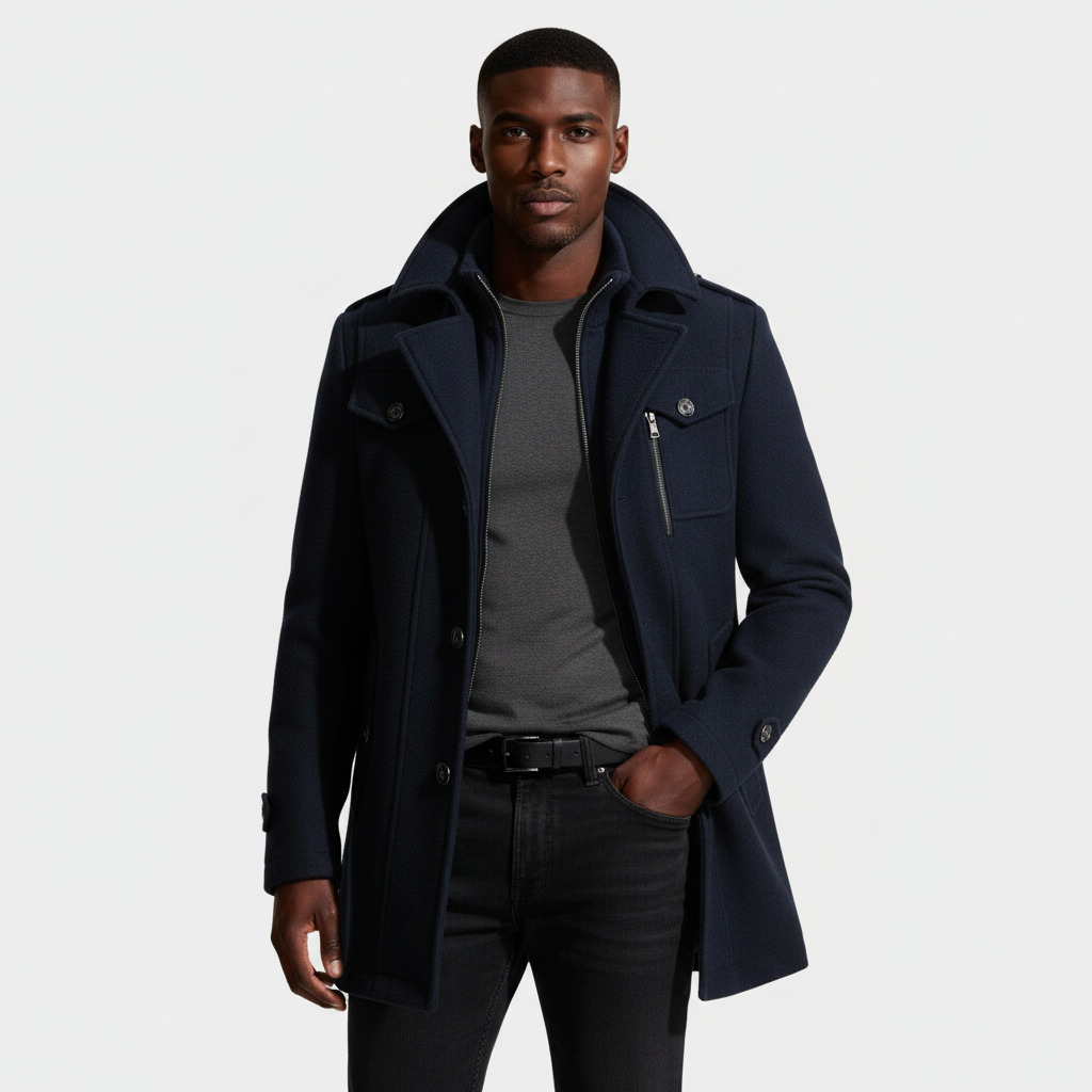 Mid-Length Wool-Style Coat Stand Collar Regular Fit for Men