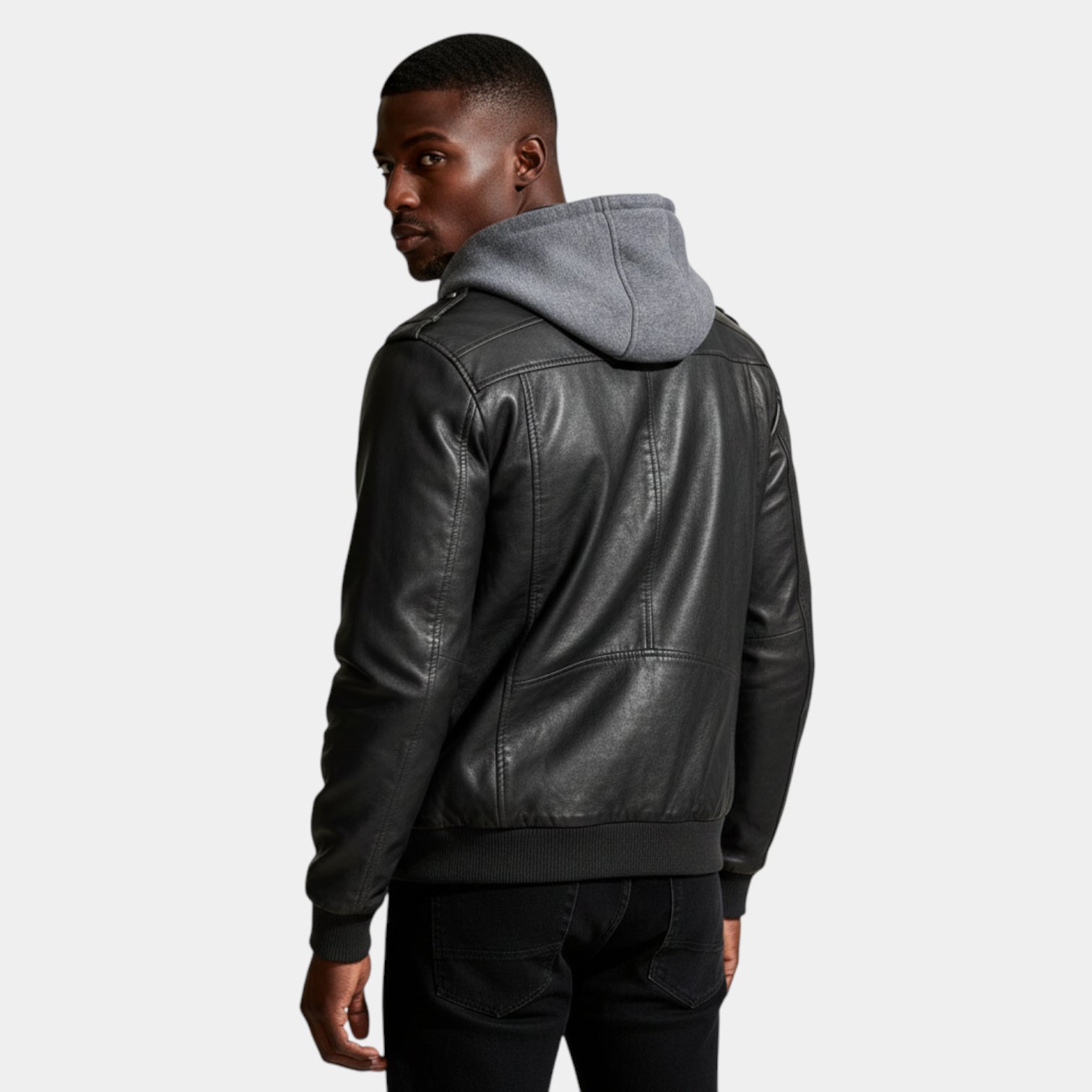 Men’s Hooded Faux Leather Jacket – Structured Zip Front Design