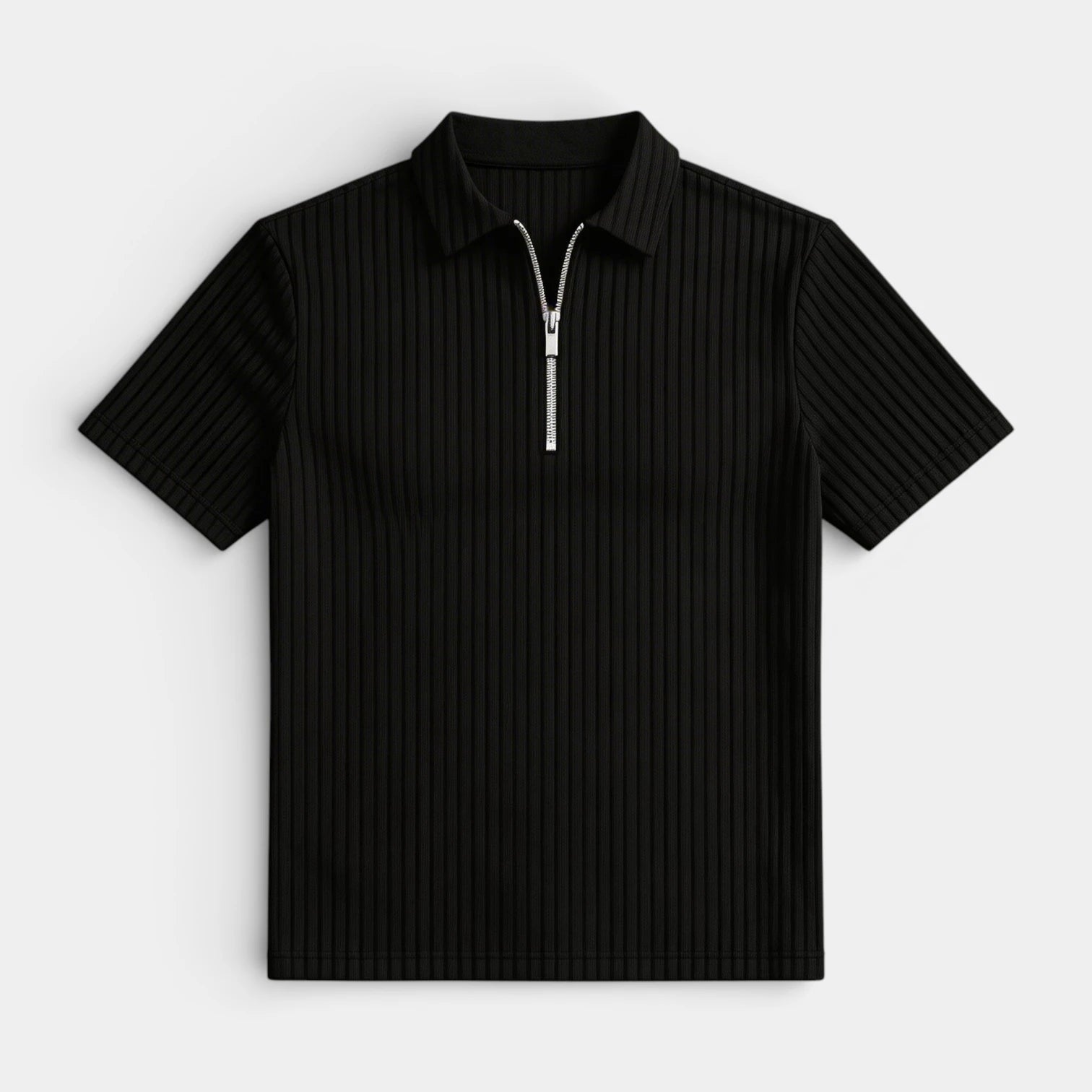 Ribbed Knit Zip Polo Shirt Short Sleeve Regular Fit for Men