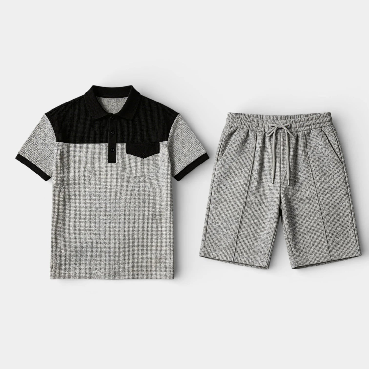 Waffle Texture Polo Shirt Shorts Set Regular Fit for Men