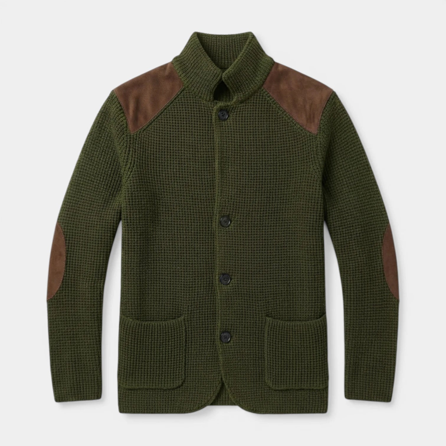 Button-Up Knit Jacket Ribbed Collar Elbow Patch for Men