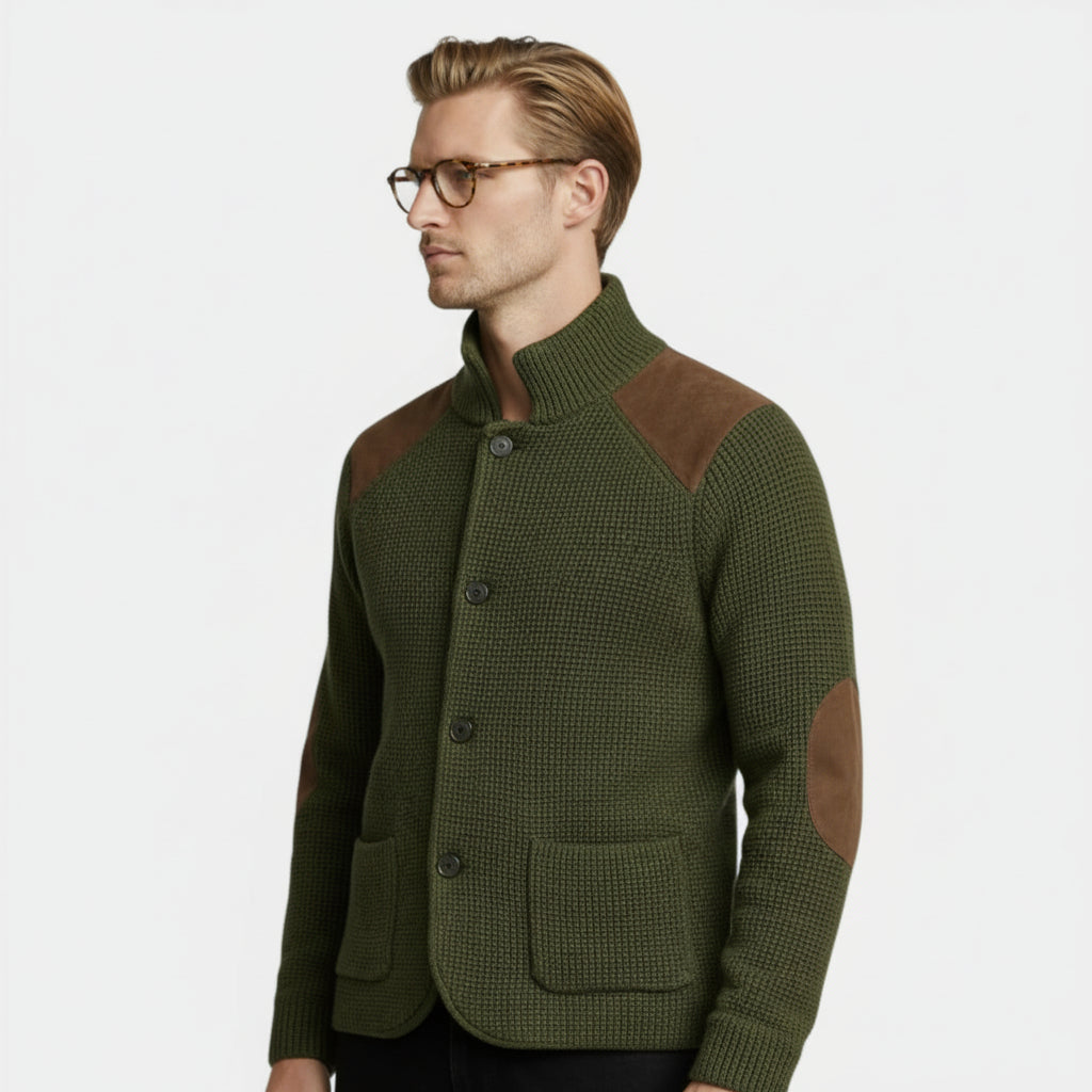 Button-Up Knit Jacket Ribbed Collar Elbow Patch for Men