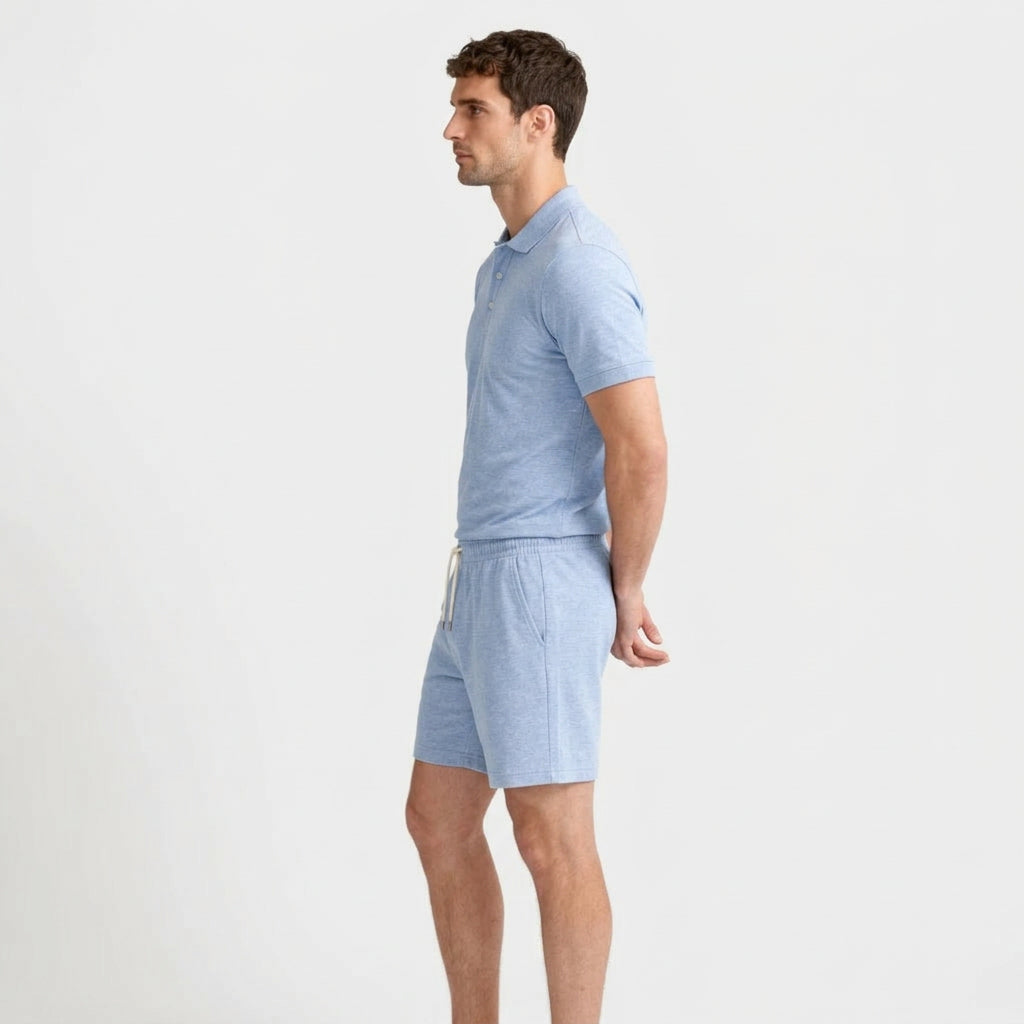 Textured Polo Shirt Drawstring Shorts Set for Men