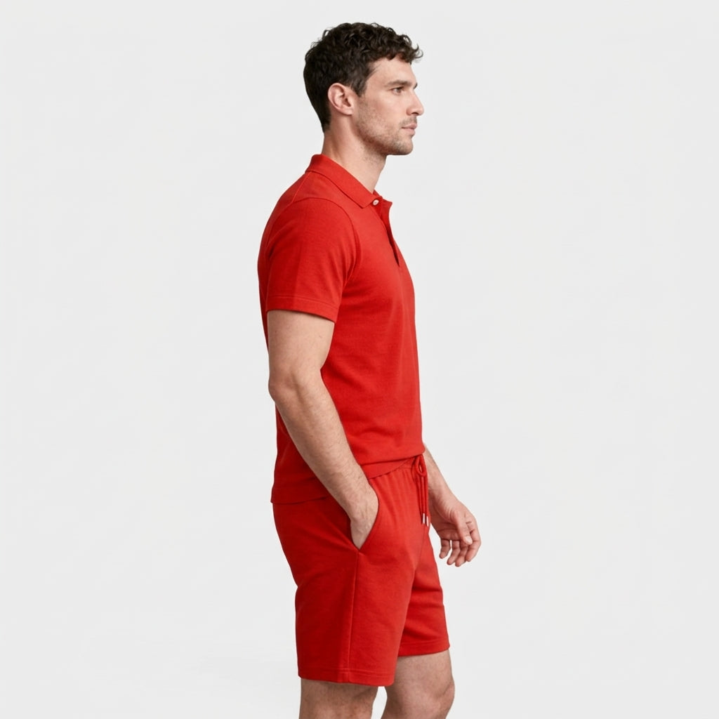 Textured Polo Shirt Drawstring Shorts Set for Men