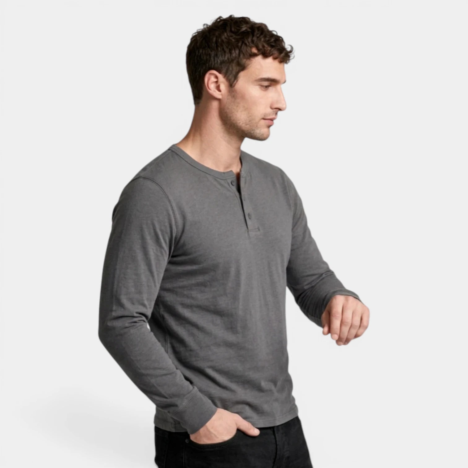Long Sleeve Henley Shirt Three Button Placket for Men