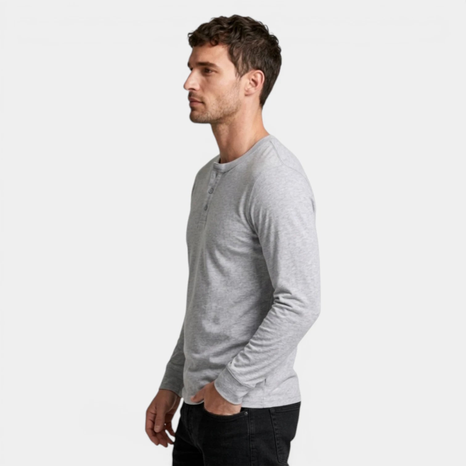 Long Sleeve Henley Shirt Three Button Placket for Men