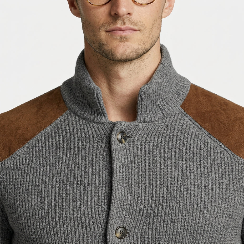 Button-Up Knit Jacket Ribbed Collar Elbow Patch for Men