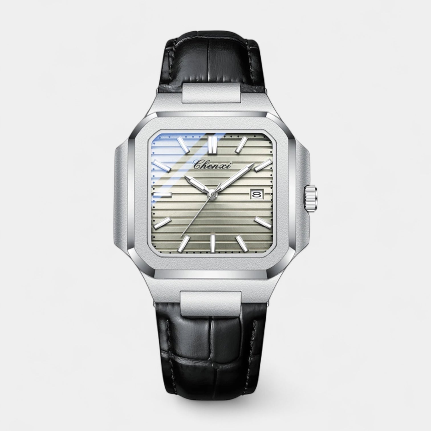 Vintares | Men’s Square Stainless Steel Leather Strap Quartz Watch