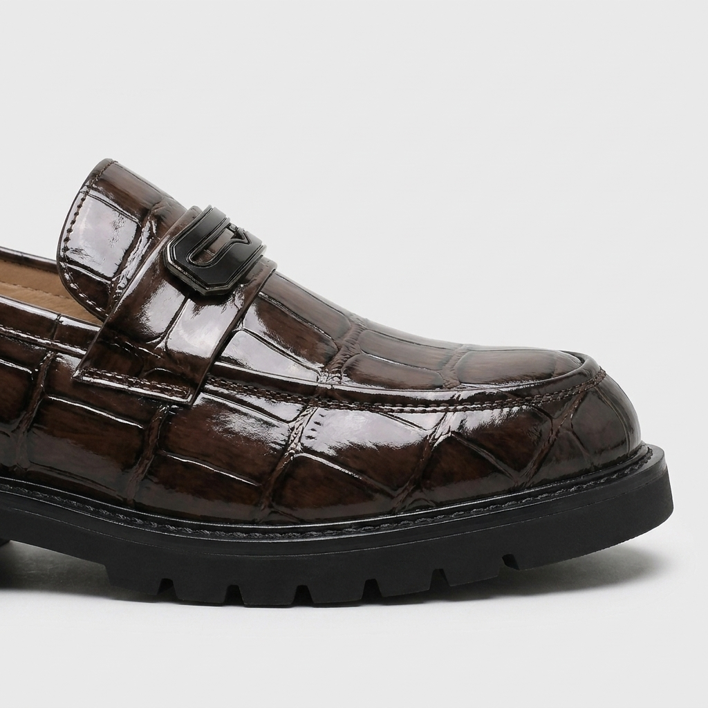 Croc-Embossed Loafer Geometric Bar Lug Sole for Men