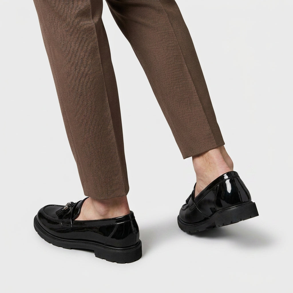 Patent Leather Tassel Loafers Chunky Sole for Men