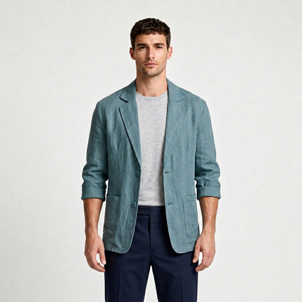 Linen Blazer Single Button Patch Pockets Relaxed Fit for Men