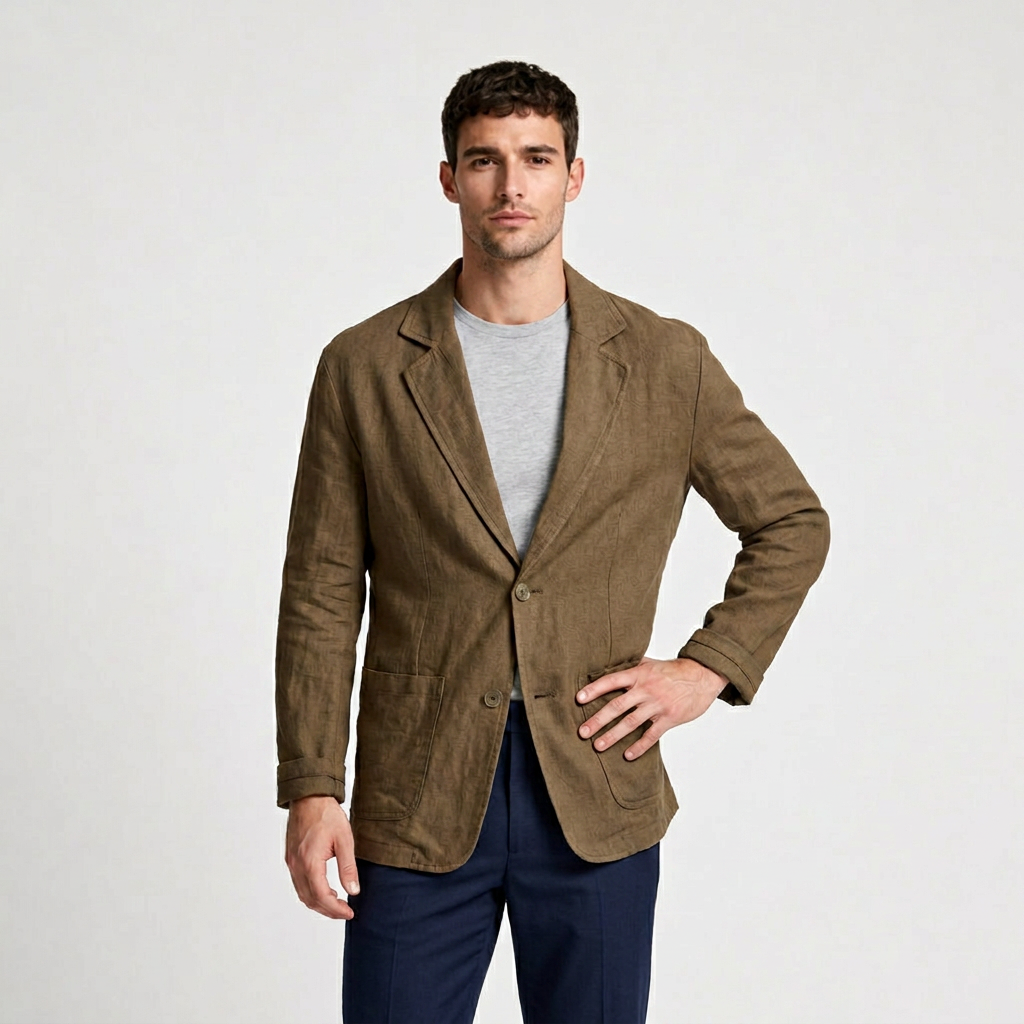 Linen Blazer Single Button Patch Pockets Relaxed Fit for Men
