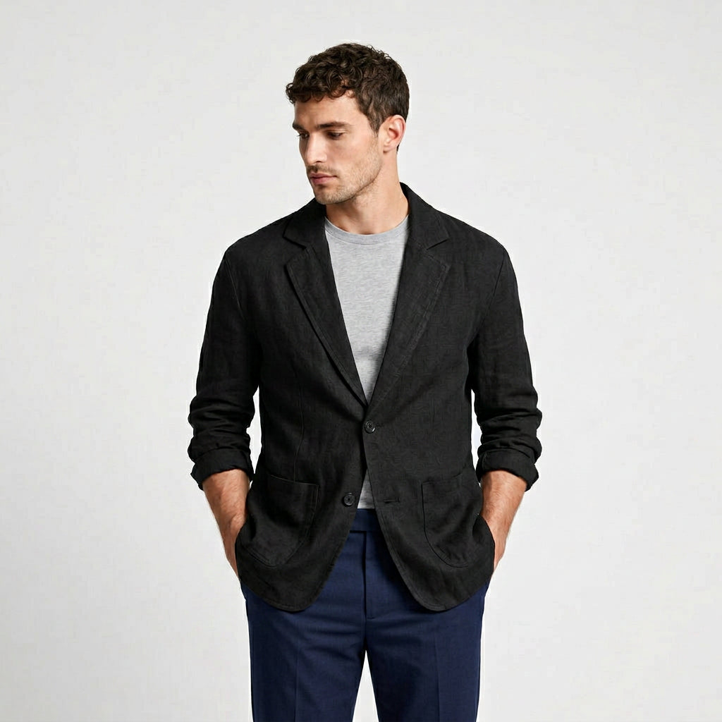 Linen Blazer Single Button Patch Pockets Relaxed Fit for Men