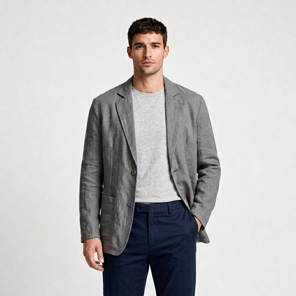 Linen Blazer Single Button Patch Pockets Relaxed Fit for Men
