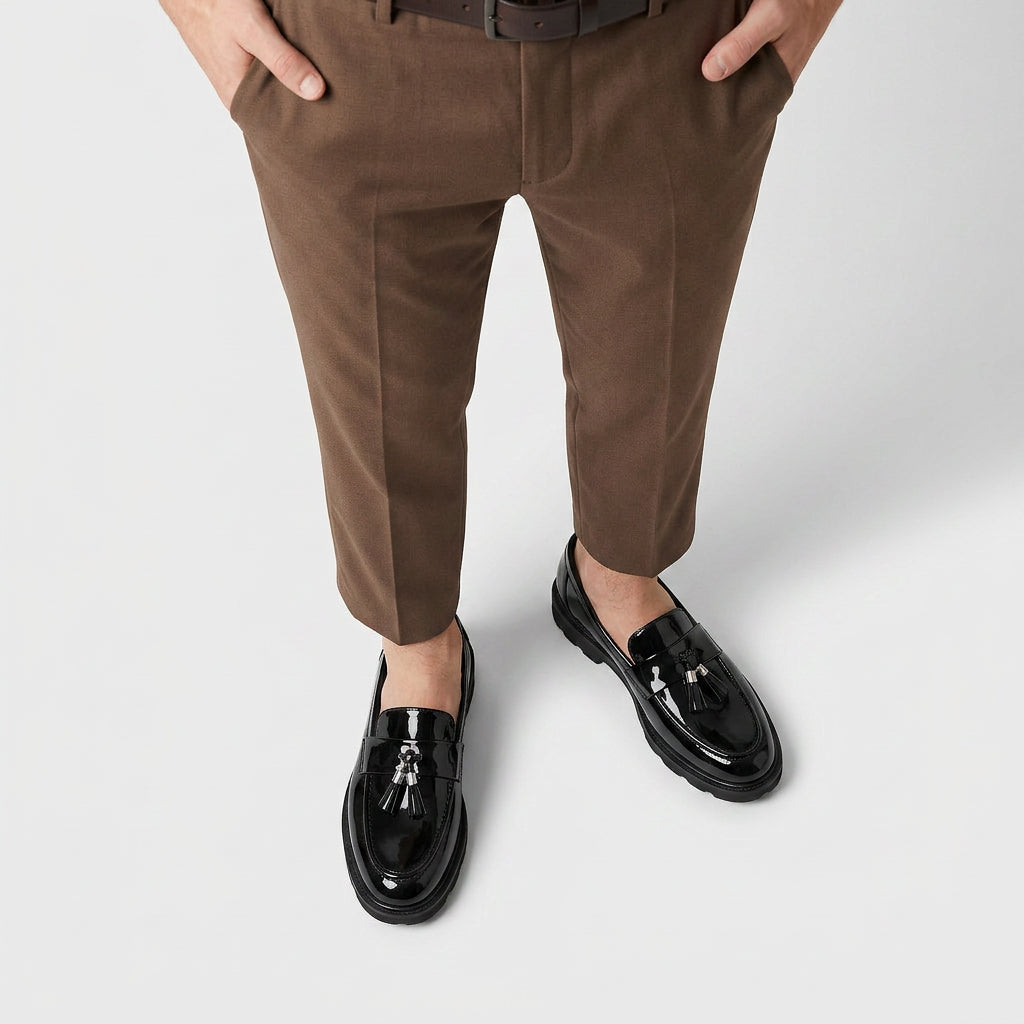 Patent Leather Tassel Loafers Chunky Sole for Men