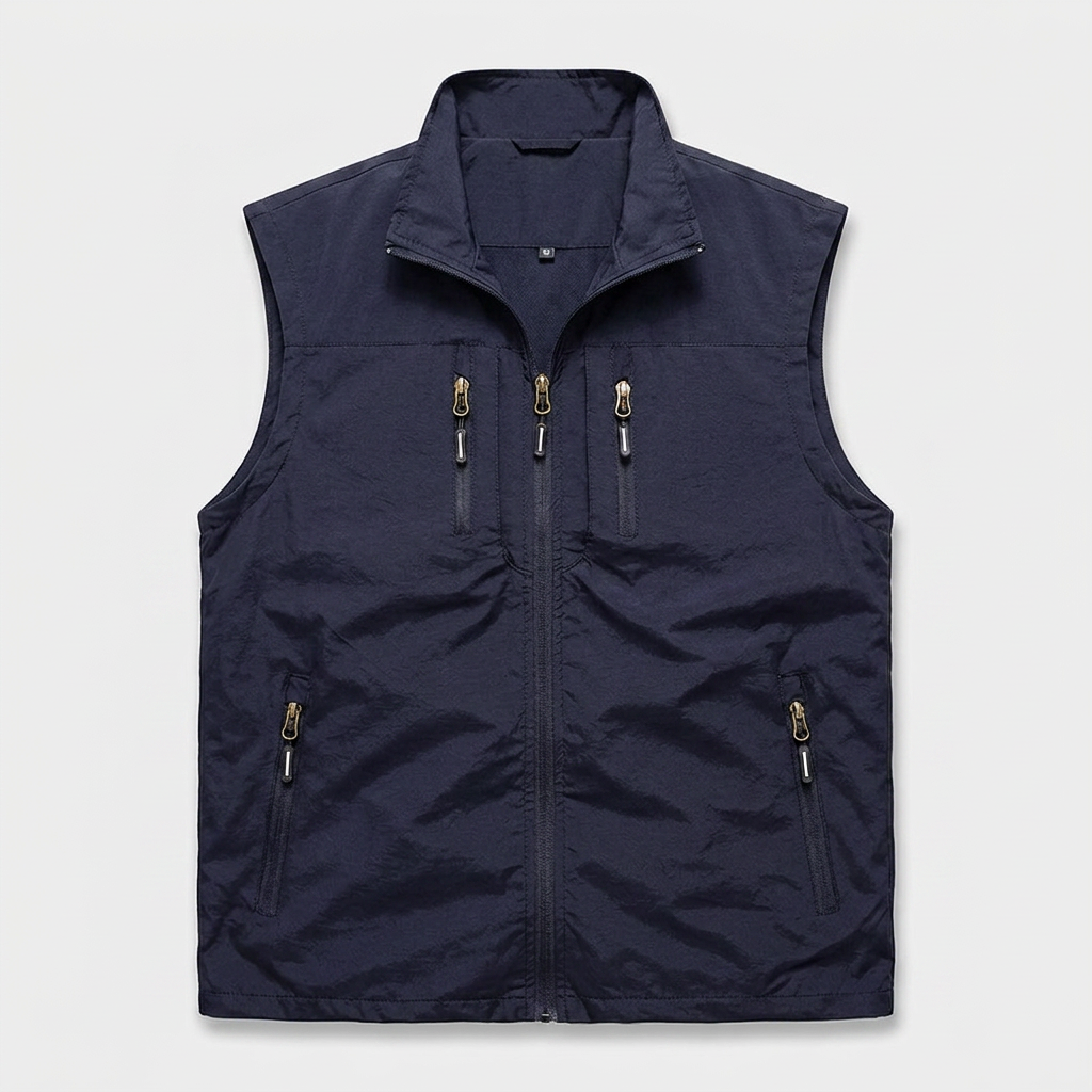 Zip Vest Stand Collar Gold Hardware Pockets for Men
