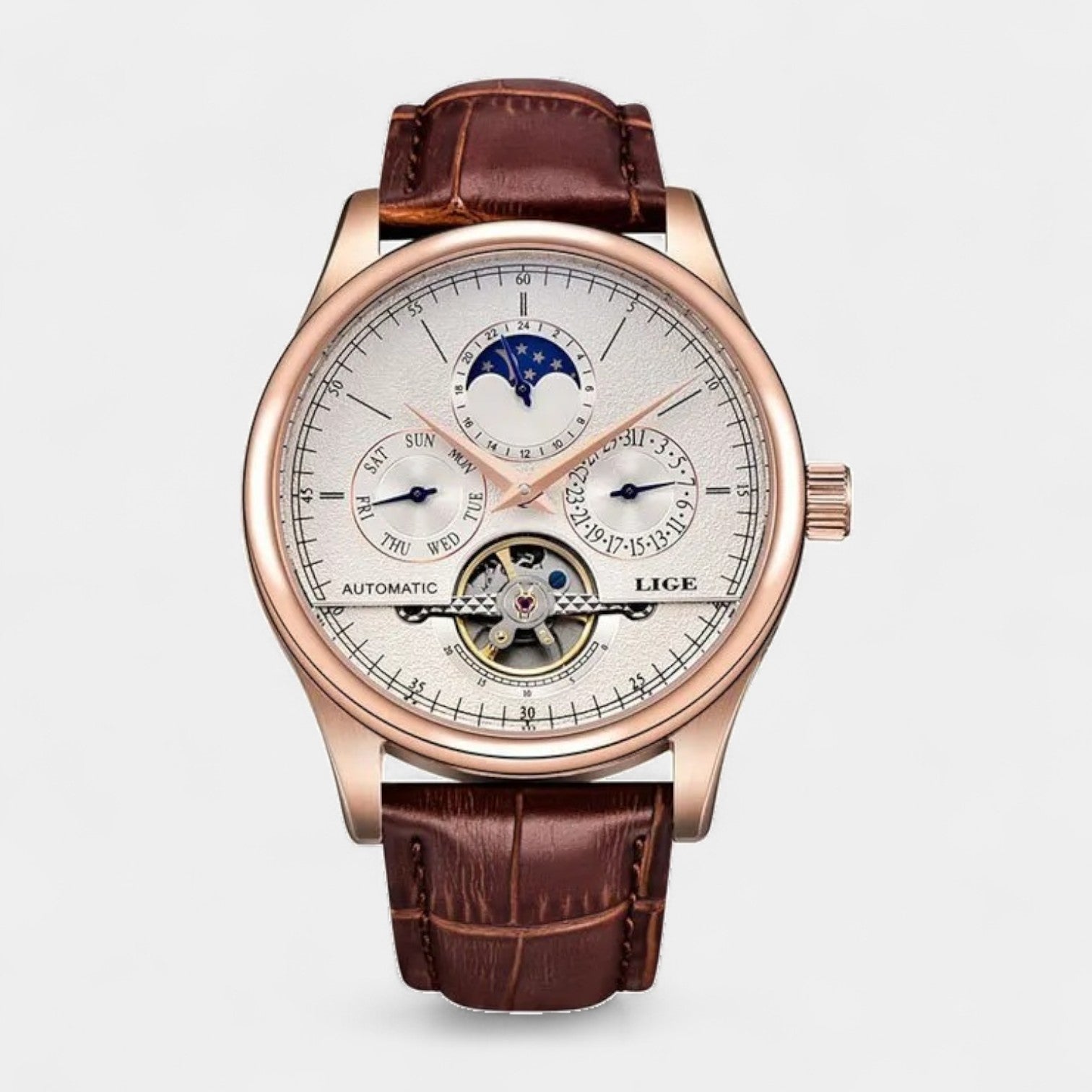 Vintares | Men’s Mechanical Moonphase Watch with Complete Calendar & Brown Leather Strap