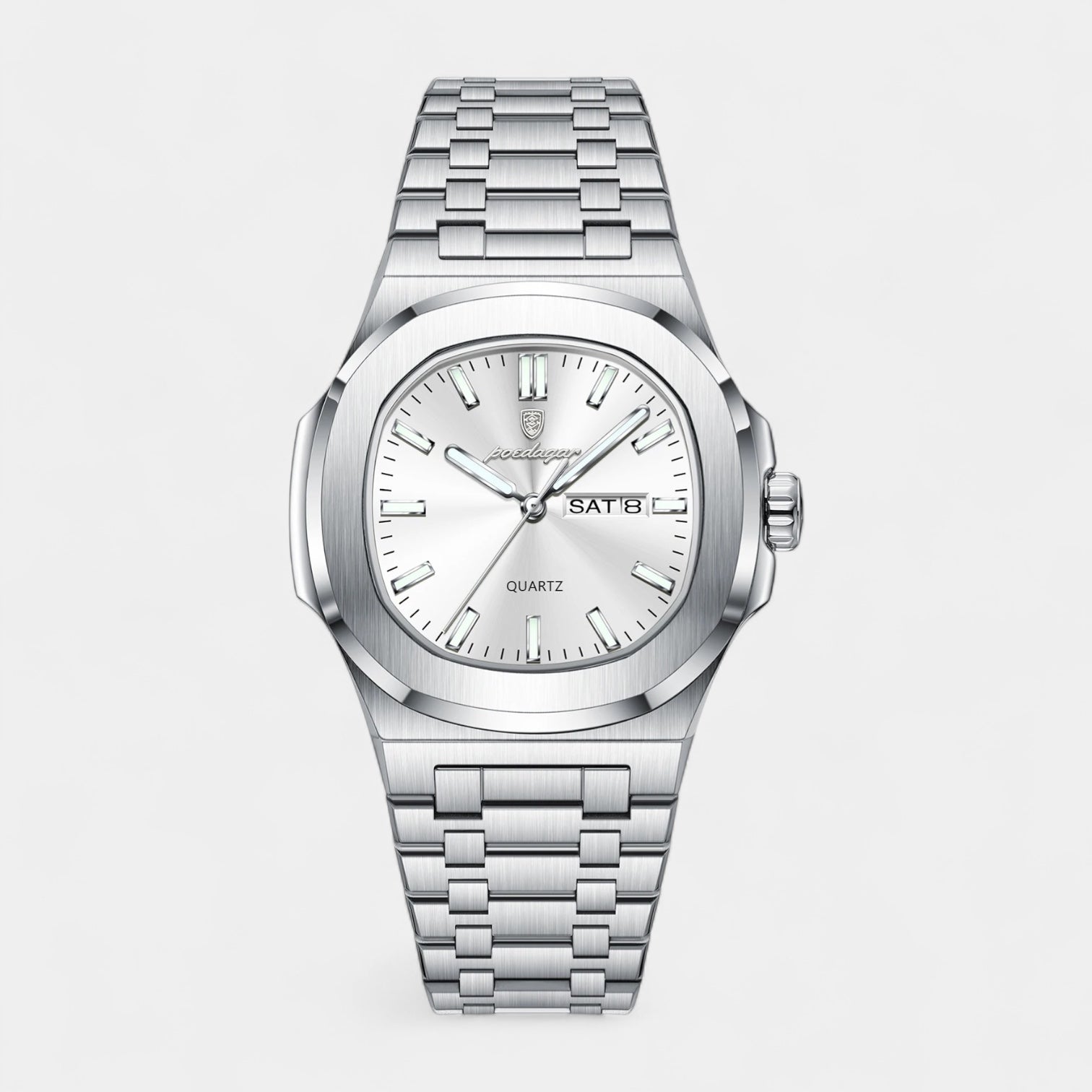 Vintares | Men’s Stainless Steel Integrated Bracelet Quartz Watch with Day‑Date Display