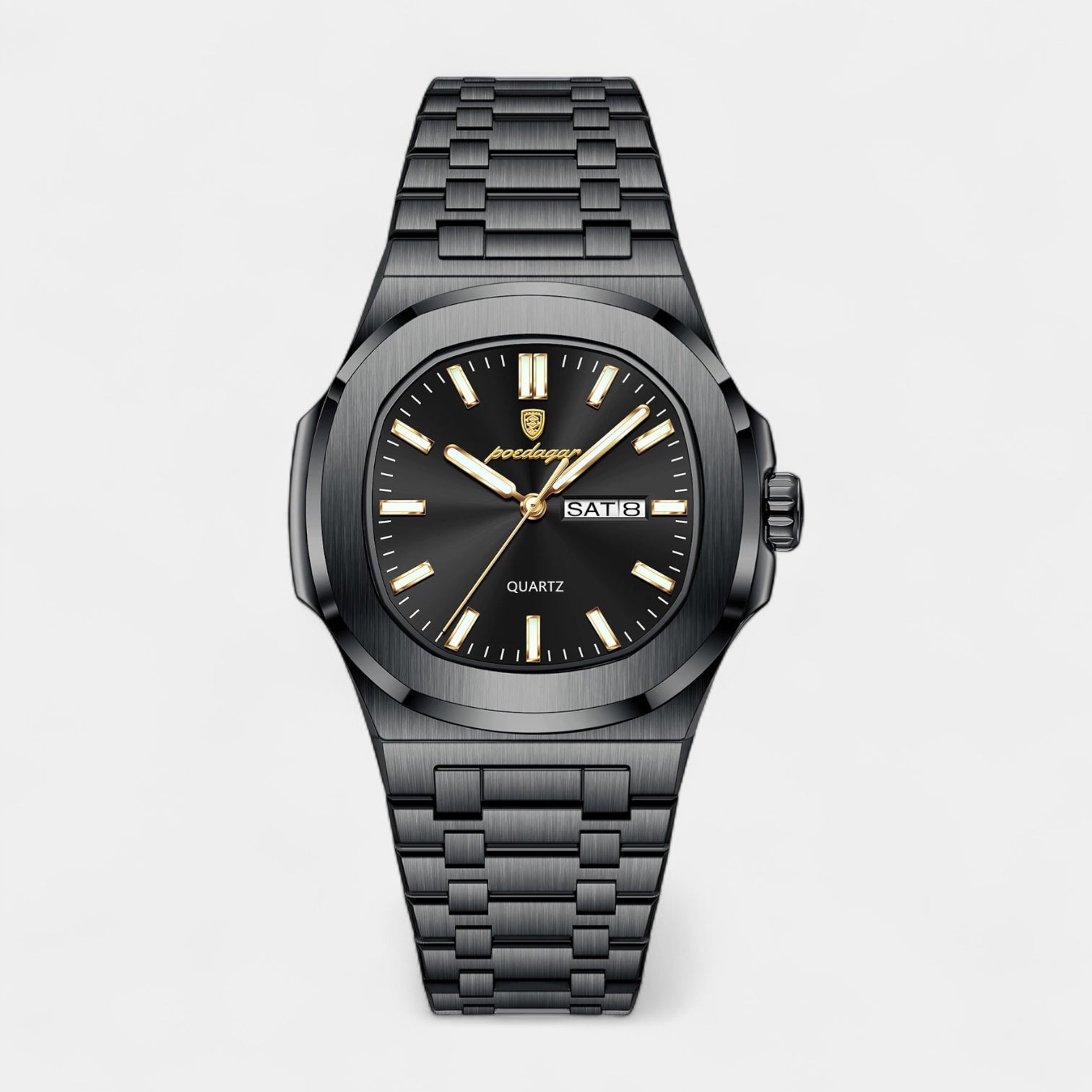 Vintares | Men’s Stainless Steel Integrated Bracelet Quartz Watch with Day‑Date Display