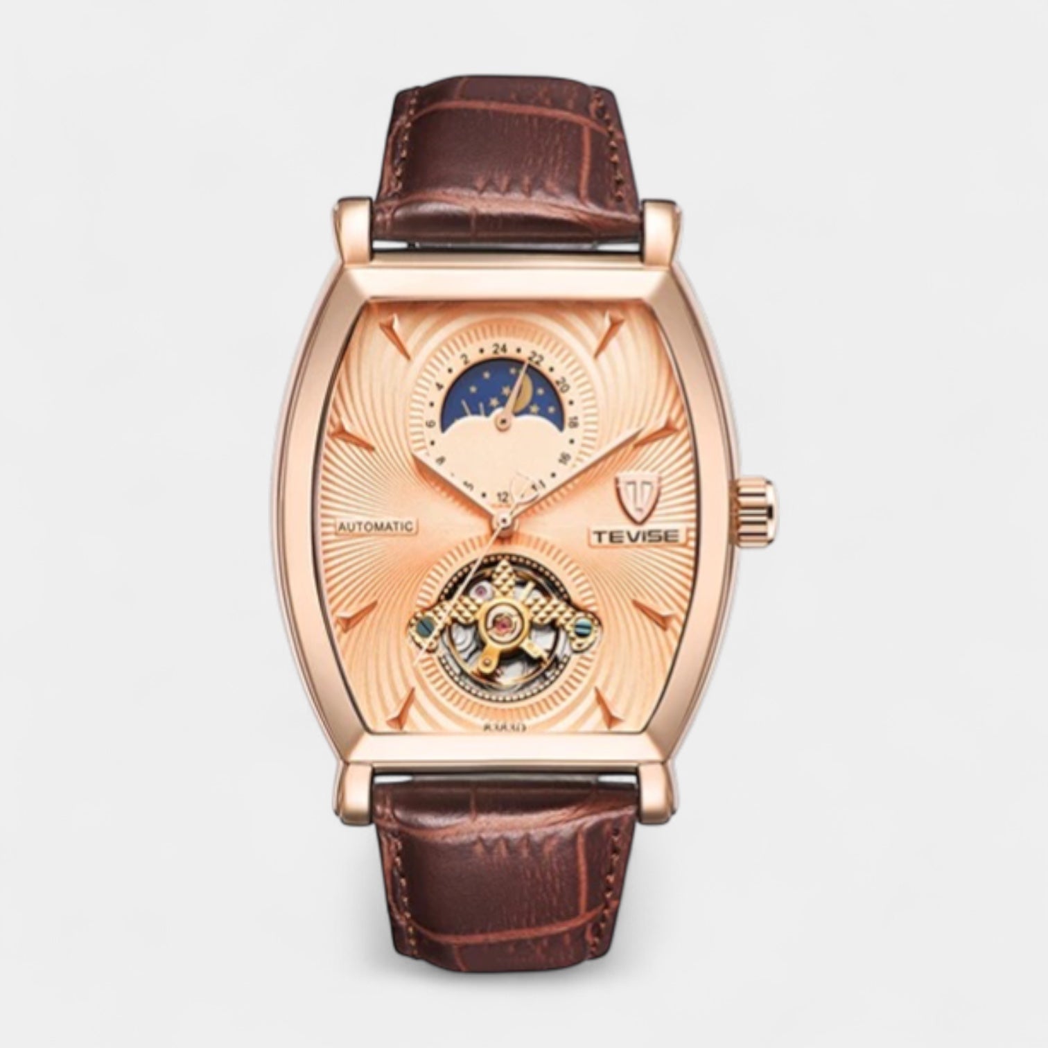 Vintares | 43 mm Tonneau Moonphase Automatic Mechanical Watch - Leather Strap