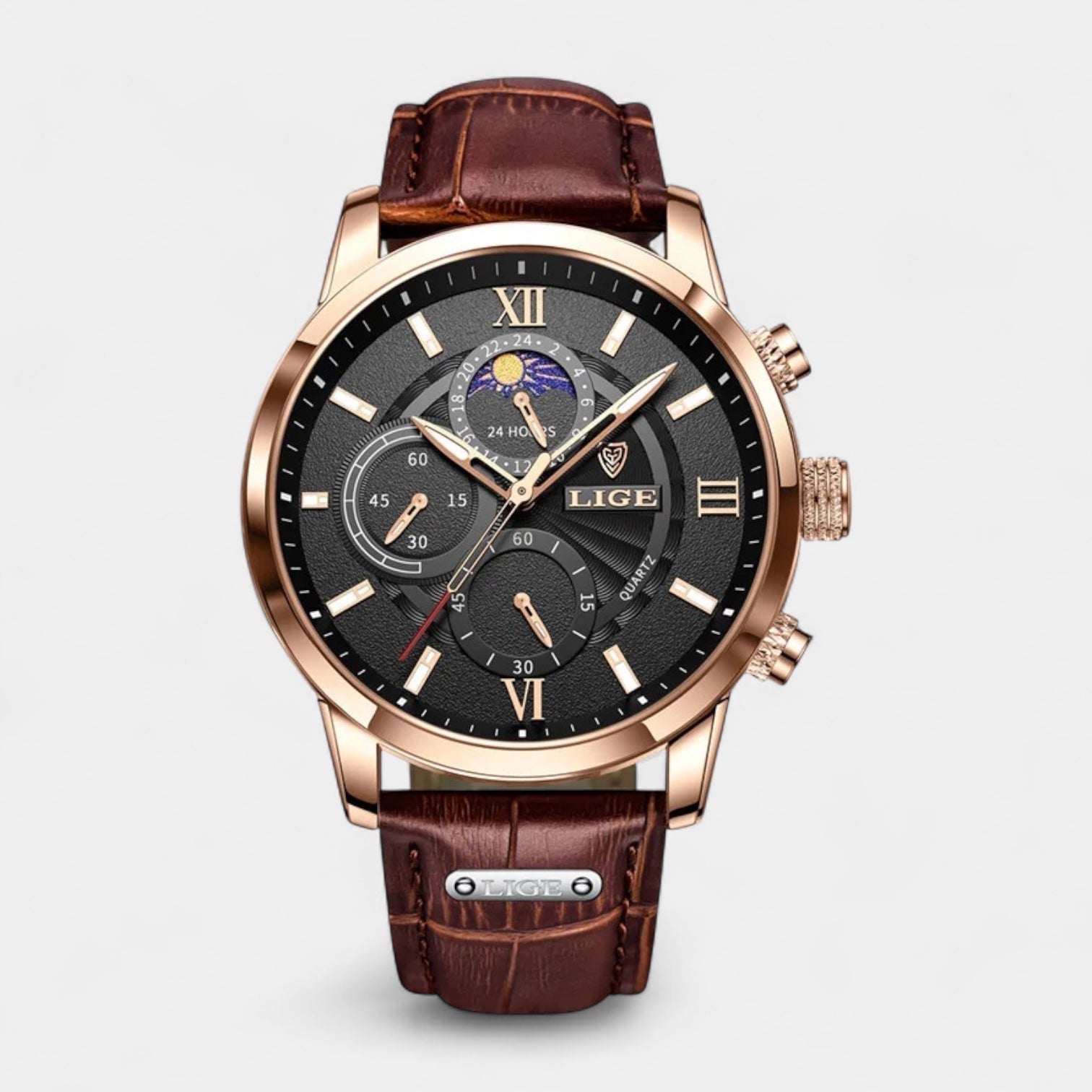 Vintares | Moonphase Chronograph Watch Stainless Steel Leather Band