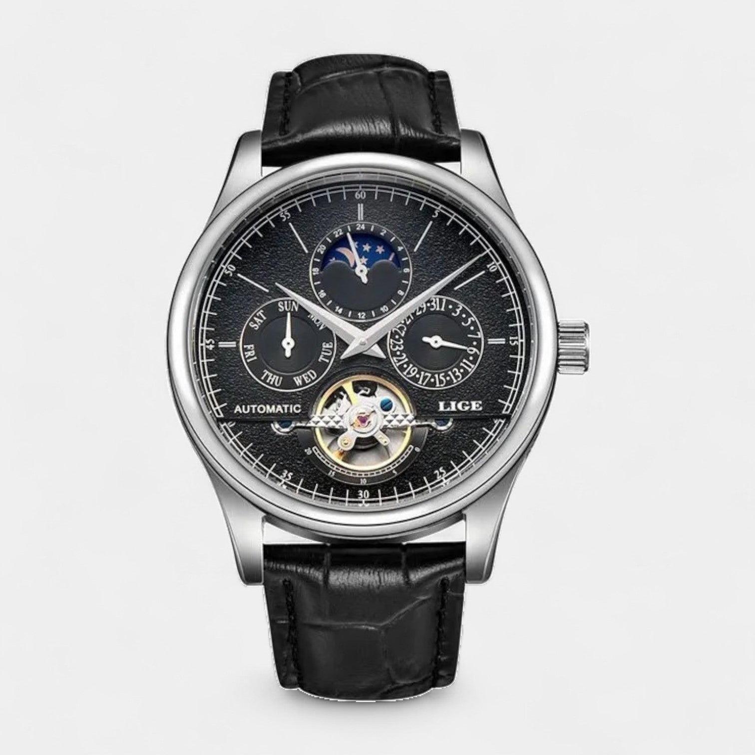 Vintares | Men’s Mechanical Moonphase Watch with Complete Calendar & Brown Leather Strap
