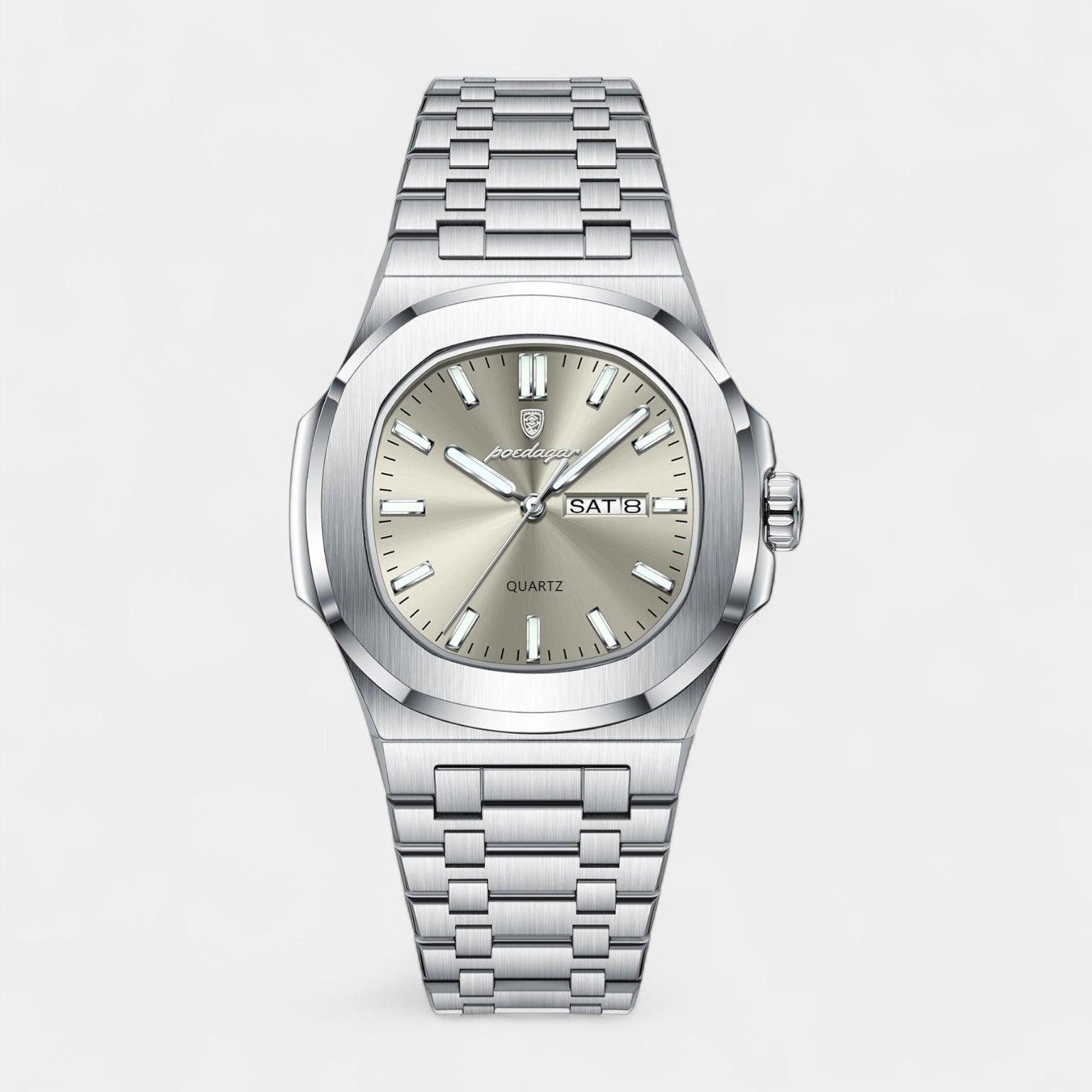 Vintares | Men’s Stainless Steel Integrated Bracelet Quartz Watch with Day‑Date Display