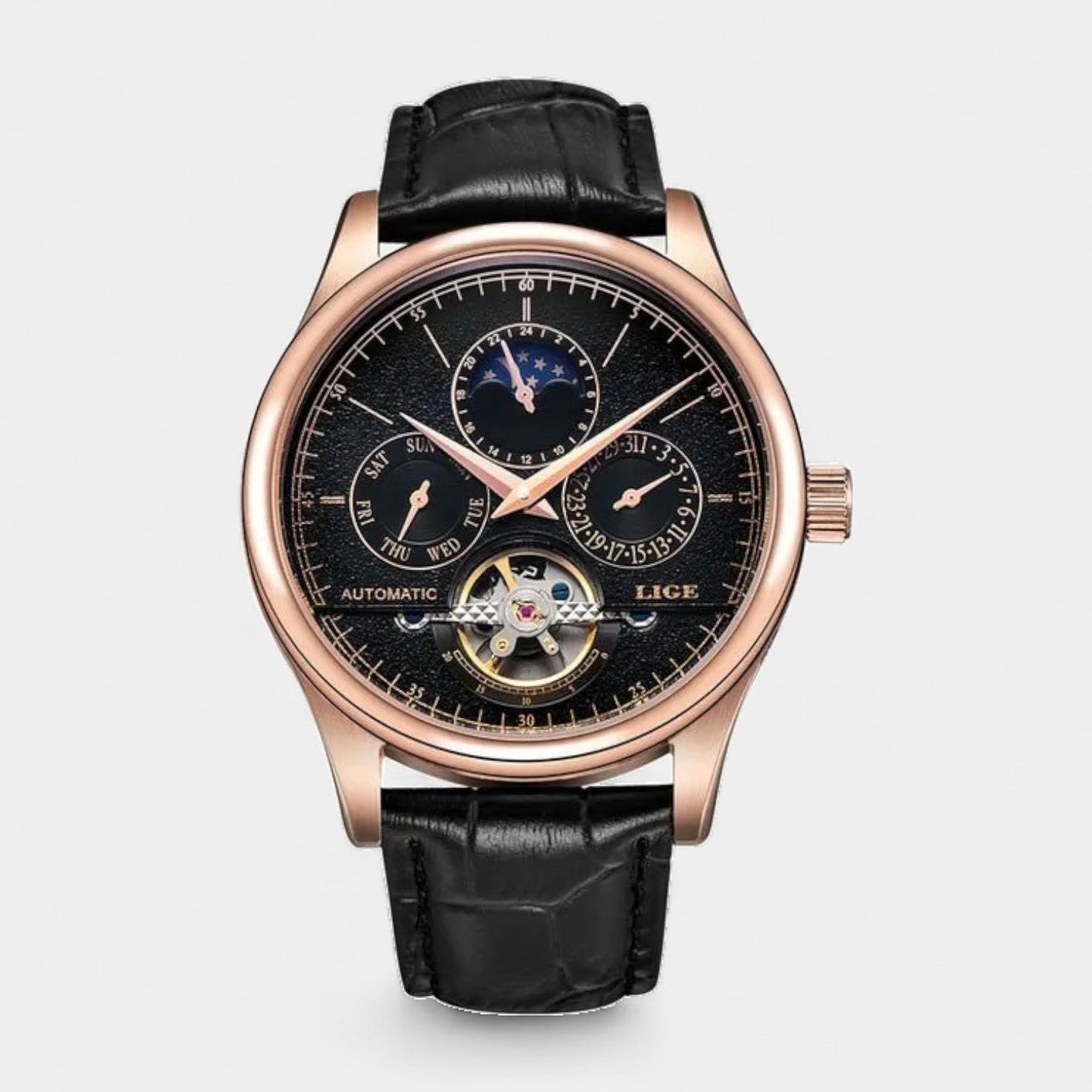 Vintares | Men’s Mechanical Moonphase Watch with Complete Calendar & Brown Leather Strap