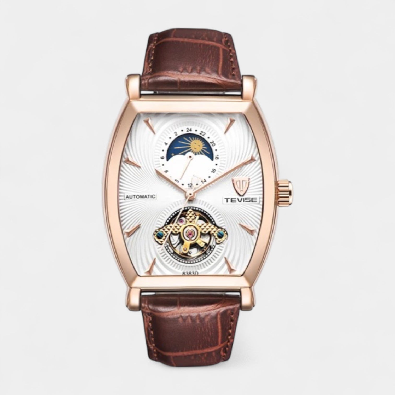 Vintares | 43 mm Tonneau Moonphase Automatic Mechanical Watch - Leather Strap