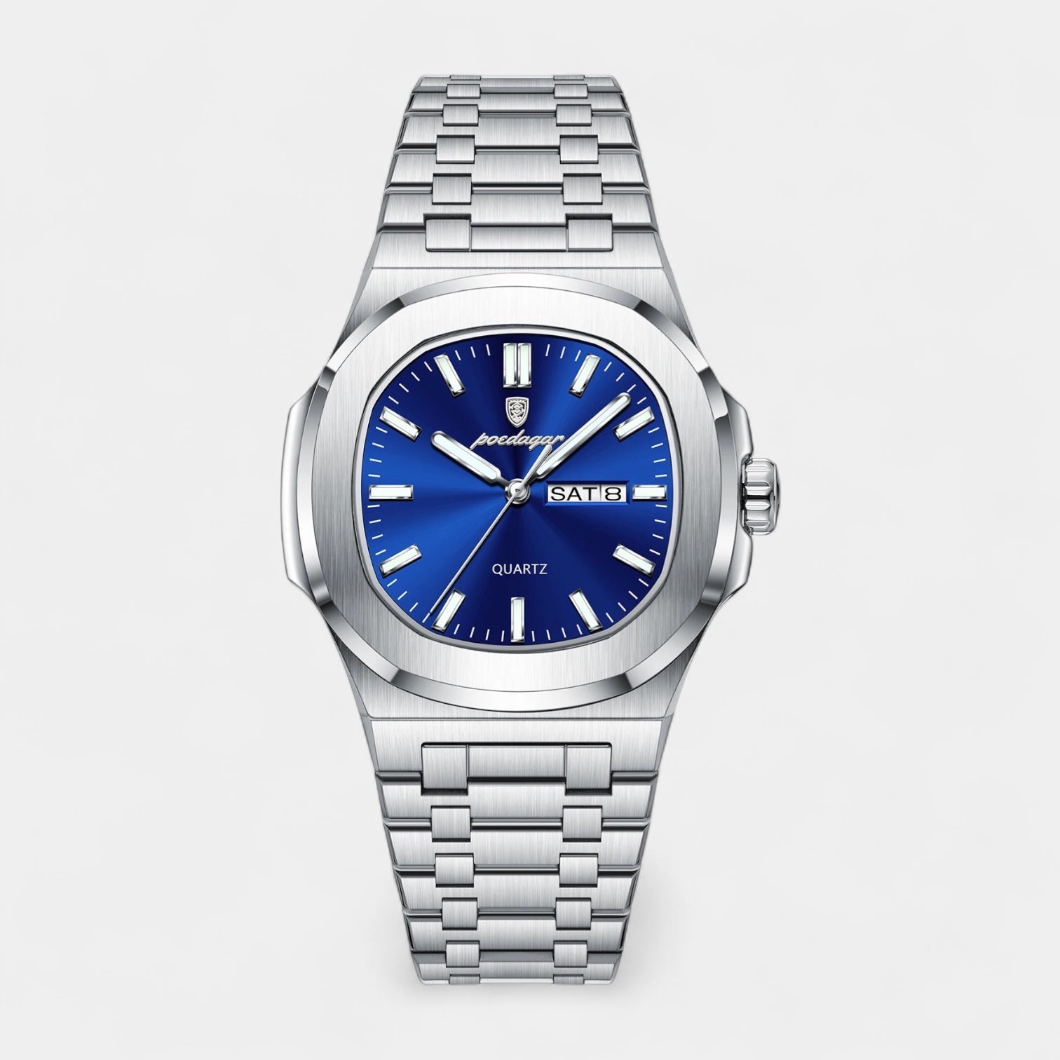 Vintares | Men’s Stainless Steel Integrated Bracelet Quartz Watch with Day‑Date Display