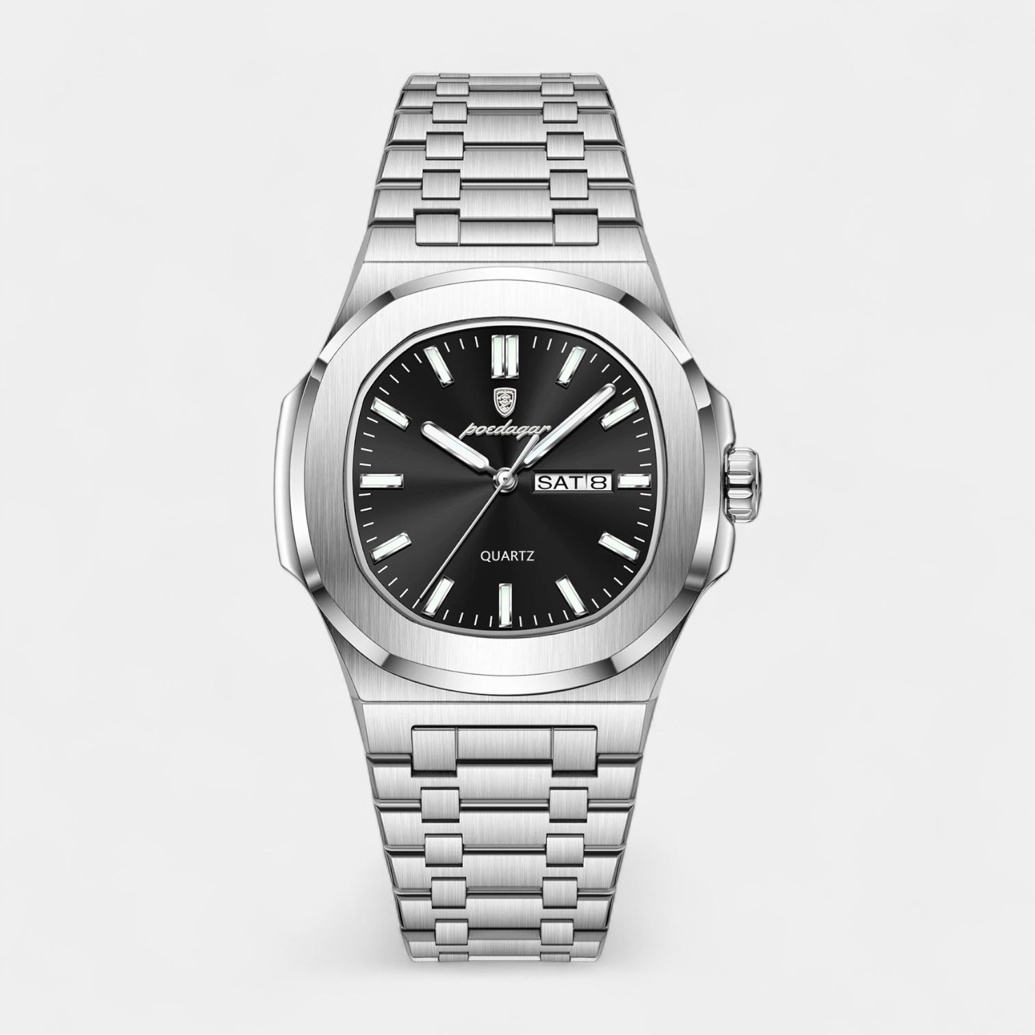 Vintares | Men’s Stainless Steel Integrated Bracelet Quartz Watch with Day‑Date Display