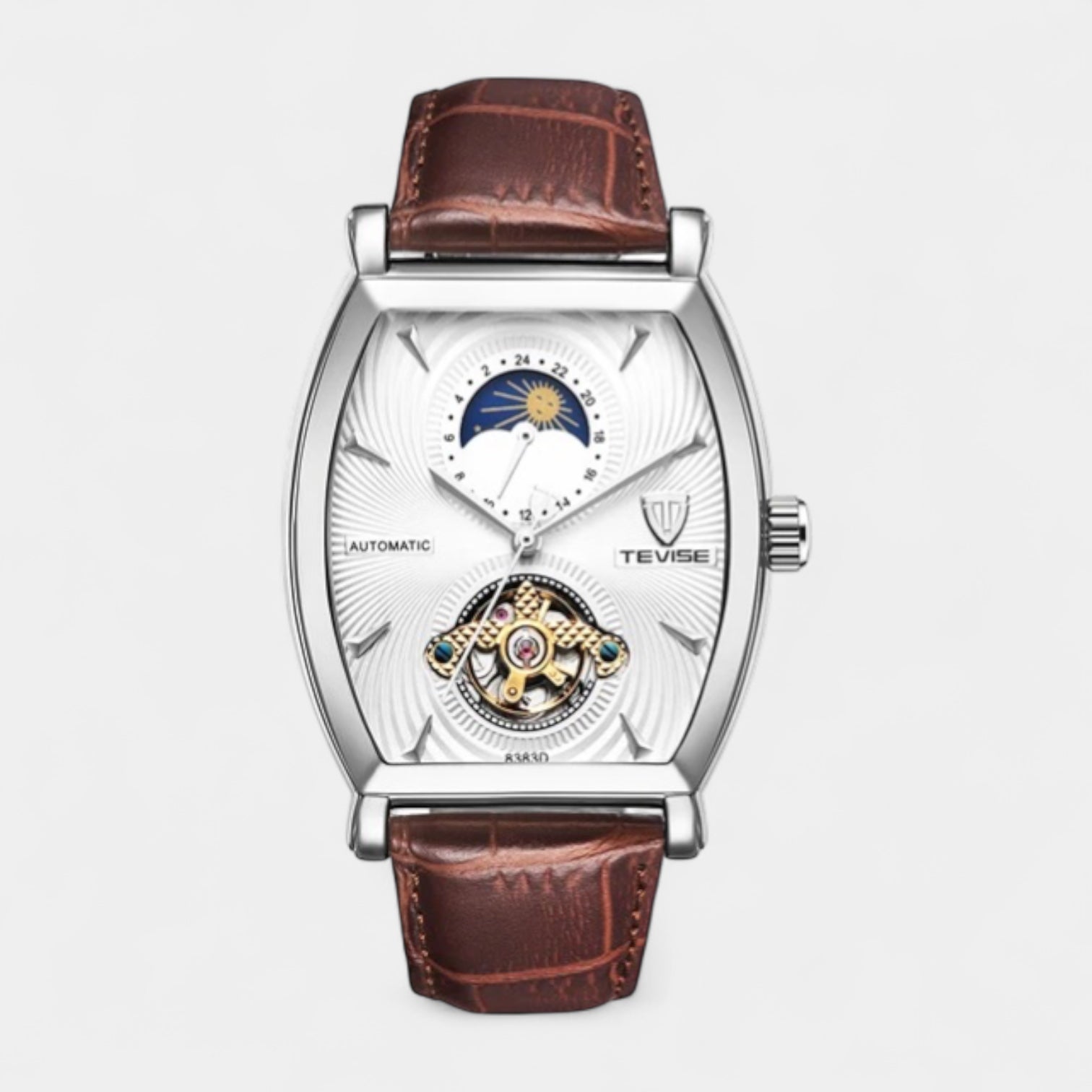 Vintares | 43 mm Tonneau Moonphase Automatic Mechanical Watch - Leather Strap
