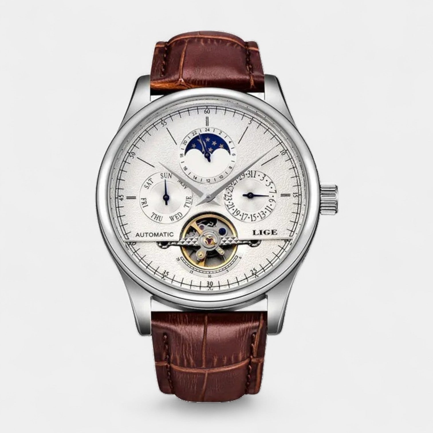 Vintares | Men’s Mechanical Moonphase Watch with Complete Calendar & Brown Leather Strap